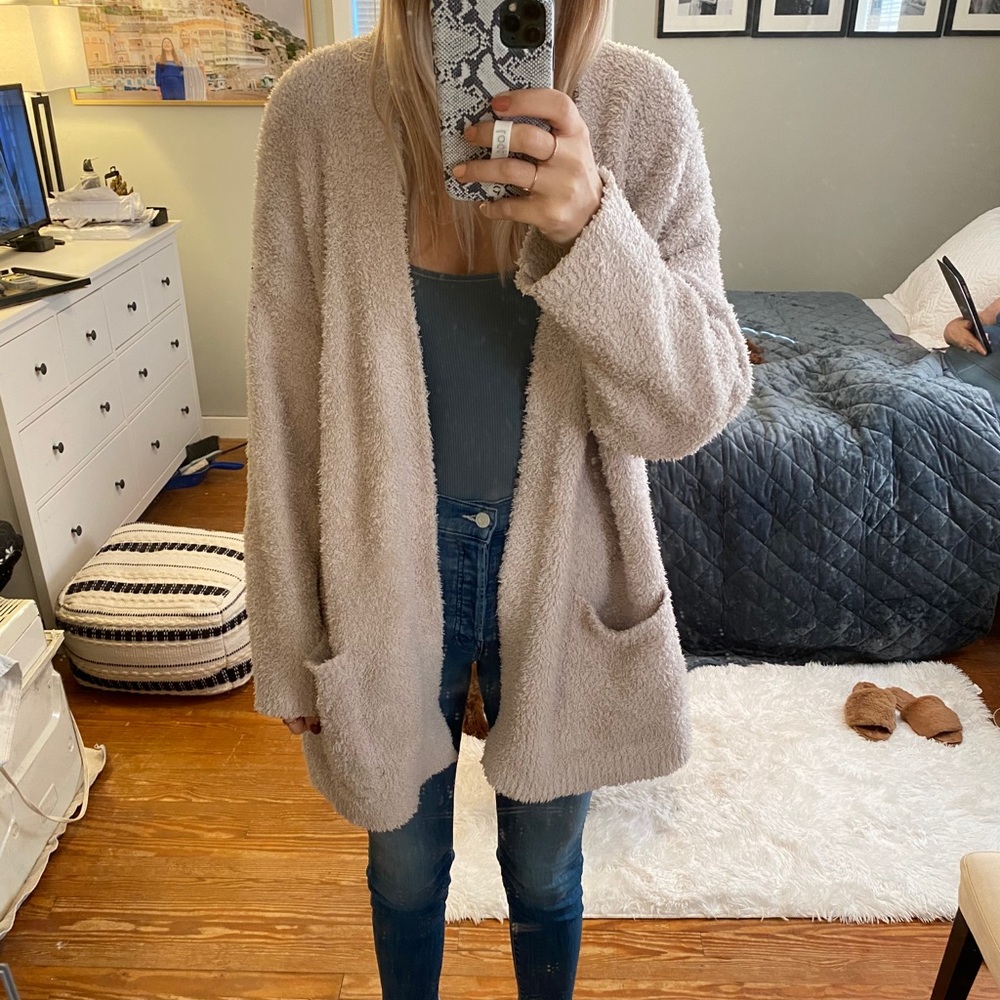 Barefoot Dreams Cozy Open-Front Cardigan in Light Taupe